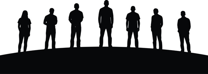 Group standing on curved surface silhouette cartoon illustration, symbolic unity and expressive presence artwork for lifestyle and design