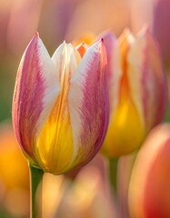 Close-up view of colorful, blooming tulip flowers with yellow centers