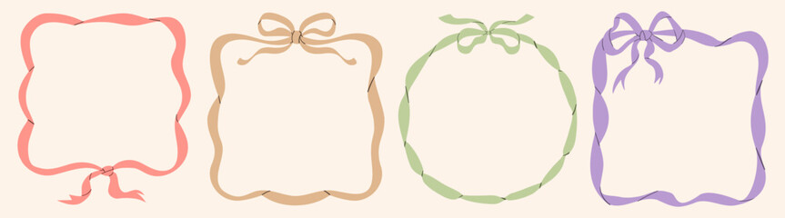 Set of pastel ribbon frames with bows. Elegant vector borders in pink, beige, green, and purple colors. Perfect for invitations, greeting cards, or decorative design projects.