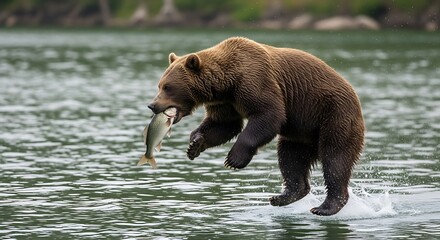 Obraz premium Grizzly Bear Leaping from Water with Fish in Mouth.