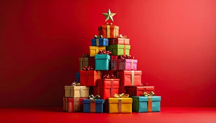 Colorful gift boxes stacked in a tree shape, star on top, red backdrop