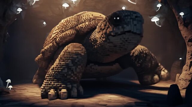 Pixelated Tortoise in Enchanted Cave with Glowing Mushrooms Mystical Creature Concept Art.