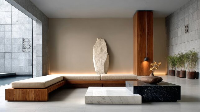 Modern minimalist interior design featuring a spacious lounge area with wooden furniture, stone accents, and natural elements, creating a serene atmosphere for relaxation and contemplation - Powered by Adobe