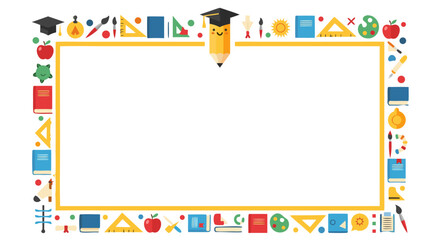 Educational Border Frame with School Supplies and Graduation Cap, Perfect for Children's Projects and Creative Learning Designs
