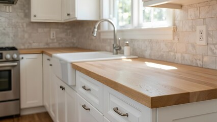 Fototapeta premium Bright modern kitchen with wooden countertop and white cabinets