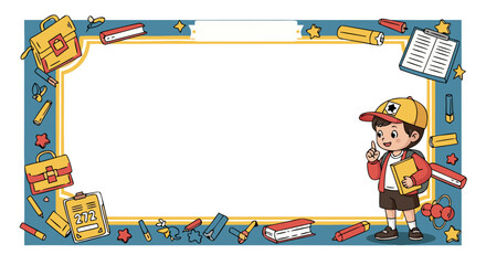 A creative and whimsical frame border illustration for educational themes, featuring a smiling child and school supplies, perfect for posters and digital design