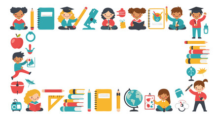 A Colorful Border of Children, School Supplies, and Educational Elements Illustrating the Joy of Learning and Childhood Development