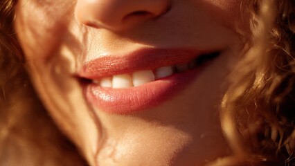 Close-up of Woman's Smiling Lips Bathed in Warm Sunlight Glow, Expressing Natural and Authentic Joy.