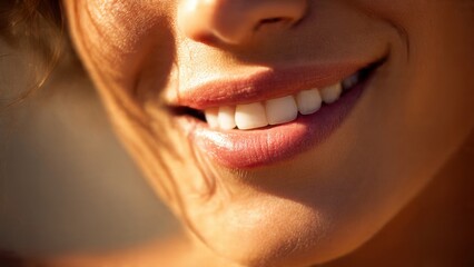 Natural Joy: Authentic Close-up of Woman's Smiling Lips Glowing in Golden Sunlight