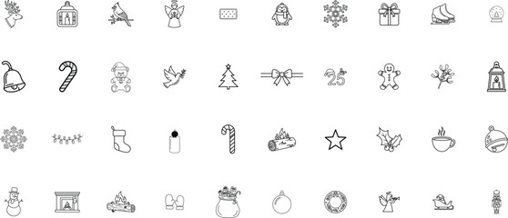 Christmas Holiday Line Icon Set. Winter, New Year, Festive Line Art Vector Collection of Decorations, Gifts, Snowflakes, and Seasonal Symbols