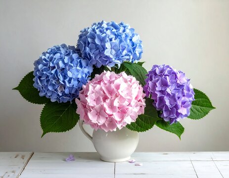 Colorful hydrangeas in full bloom arranged in a white ceramic jug