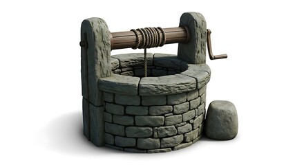 Stone water well with wooden crank and rope on white background stone well wishing well