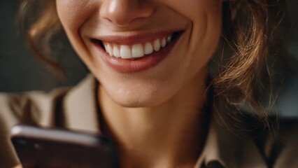 Close-up de Mulher Feliz Sorrindo com Telefone, Representando Alegria e Conex&atilde;o Social.