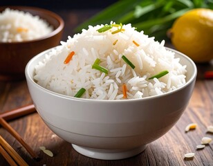 Close-up view of fluffy white rice in bowl, garnished with green herbs