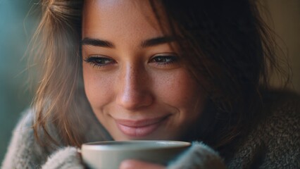 Close-up de Mulher Sorrindo Suavemente e Segurando uma Caneca Quente, Vibe de Manh&atilde; Aconchegante e Calma