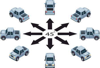 Isometric blue pickup truck set. A stylized vector illustration of a metallic blue pickup truck shown in isometric view from eight different angles.