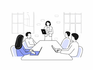 Businesswoman leading team discussion with digital tablet in modern coworking space