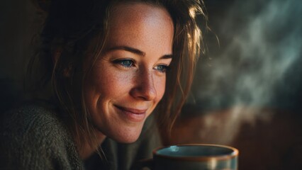 Soft Smile and Steaming Mug: Cozy Morning Portrait of a Calm Woman
