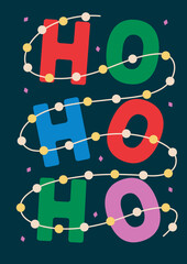 Greeting holiday card with vector decorative Christmas colorful letters and light garlands on dark blue background in flat style.