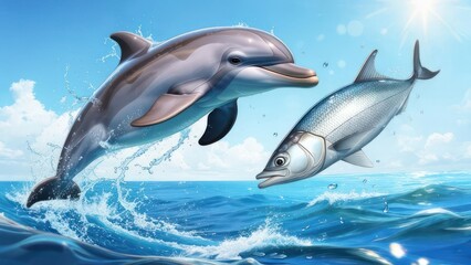 Fototapeta premium Dolphin and Fish Jumping Out of the Ocean in a Sunny Day.