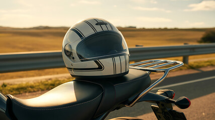 Obraz premium White motorcycle helmet with black stripes resting on black leather seat of a motorcycle with chrome rack in warm sunlight