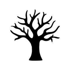 A stark black silhouette of a leafless tree set against white background