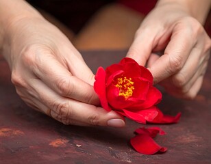 Close-up view of hands gently holding a vibrant red flower