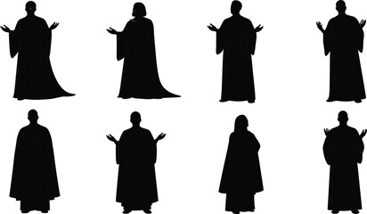 Robed figures in expressive poses silhouette cartoon illustration, symbolic ritual and stylized gesture artwork for lifestyle and design