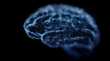 Digital abstract brain network composed of glowing blue circuits and data points on a dark background symbolizing intelligence and connectivity