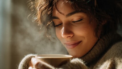 Ritual Matinal Aconchegante: Mulher Sorrindo Suavemente Enquanto Segura Uma Caneca Quente e Fumegante.