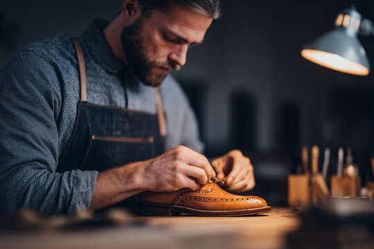 Man repairing leather shoe at home workspace, focused on gluing sole, surrounded by tools and materials, showcasing craftsmanship and dedication to quality shoe repair