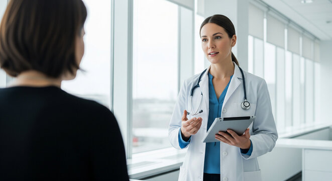 Female doctor, digital tablet talking to patient in modern clinic, healthcare professional consultation, telemedicine, hospital marketing, medical technology, doctor-patient communication concept - Powered by Adobe