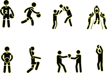 Outline Basketball Player Action Icons with Net and Hoop
