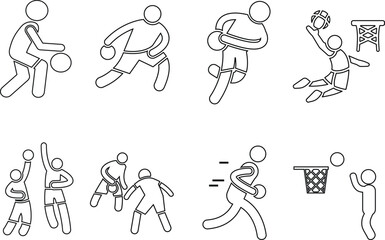 Simplified Outline Basketball Player Icons - Various Actions