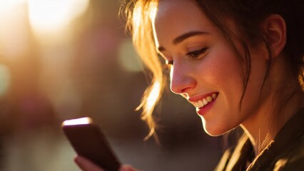 Close-up de Mulher Feliz Usando Smartphone: Conex&atilde;o e Tecnologia no Estilo de Vida Moderno