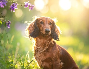 Dachshund illuminated by sunlight, featuring wildflowers in a verdant setting
