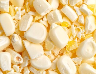 Close-up view of kernel pieces, showing textures of yellow, white