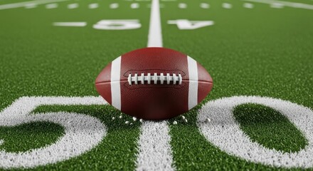 Football on green turf field at the 50-yard line