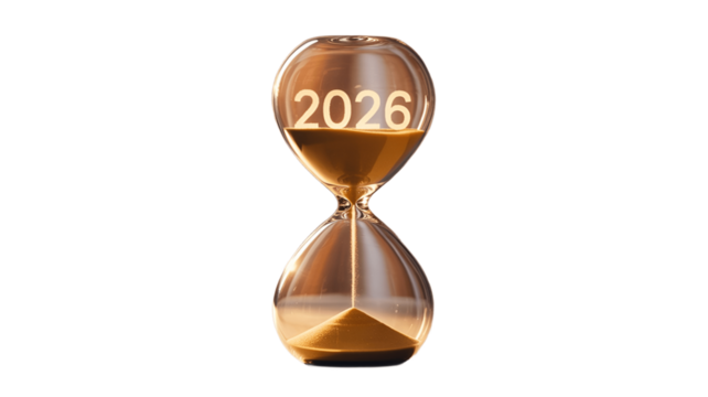 An hourglass counting down the years to 2026. 