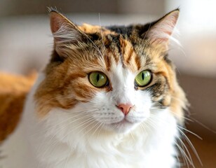Close-up portrait of a domestic feline with colorful fur and bright eyes