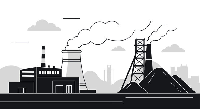 Industrial landscape featuring factories, a prominent cooling tower, and a coal mine with smoking chimneys, illustrating energy production and environmental concerns.