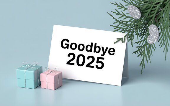 Wishing farewell to 2025 with hope and anticipation, celebrating the new year with festive gifts and evergreen cheer, a time for reflection and joy
