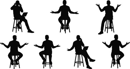 Obraz premium Seated figure with expressive gestures and devices silhouette cartoon illustration, symbolic communication and lifestyle artwork for design