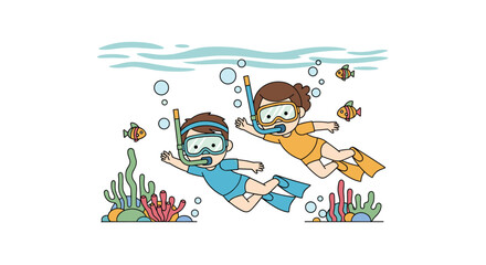 Fototapeta premium Two happy children in snorkeling gear explore the vibrant coral reef and swim with colorful fish in the clear blue sea.