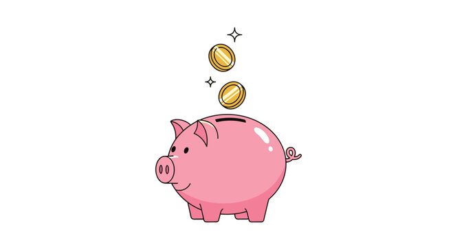 An adorable pink piggy bank collects shiny golden coins, symbolizing prudent financial saving, wealth accumulation, and future prosperity.