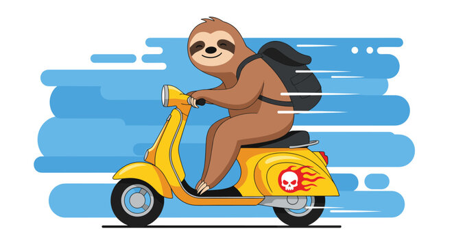 A cheerful cartoon sloth wearing a backpack rides a speedy yellow scooter with a skull and flames decal.