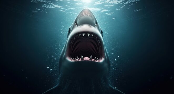 Great white shark with mouth open underwater