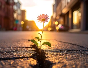 Daisy blooming from crack in road with sunrise background