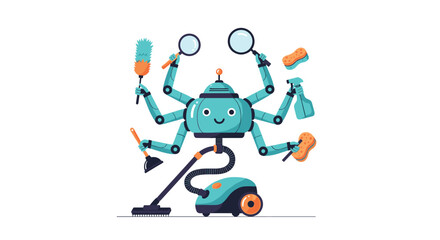 An efficient, smiling robot uses its many arms to expertly wield various household cleaning tools and operate a vacuum cleaner.