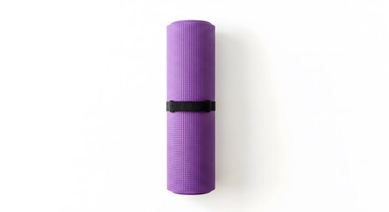 A close-up shot of a purple yoga mat rolled up and secured with a black strap, showcasing a clean, minimalist design